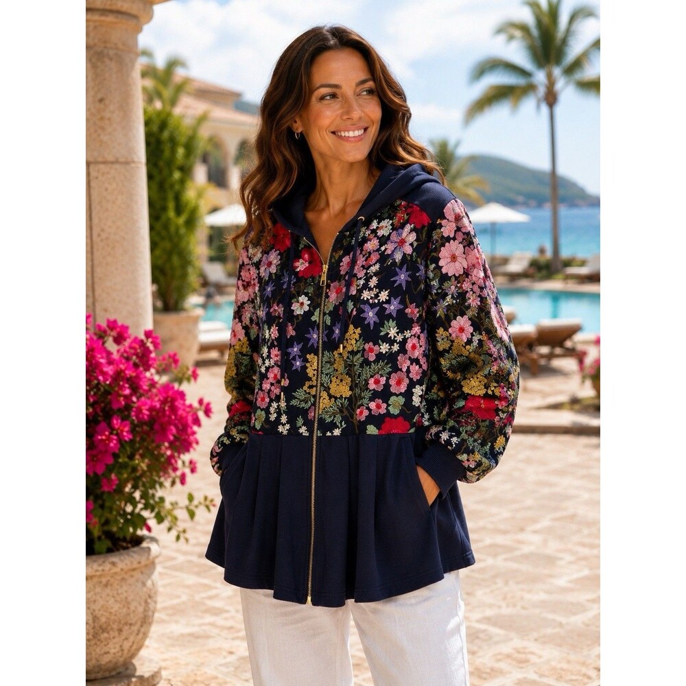 Boston‎ Proper Heavy Floral Embroidered Lace Zip Up Hoodie Jacket Size L